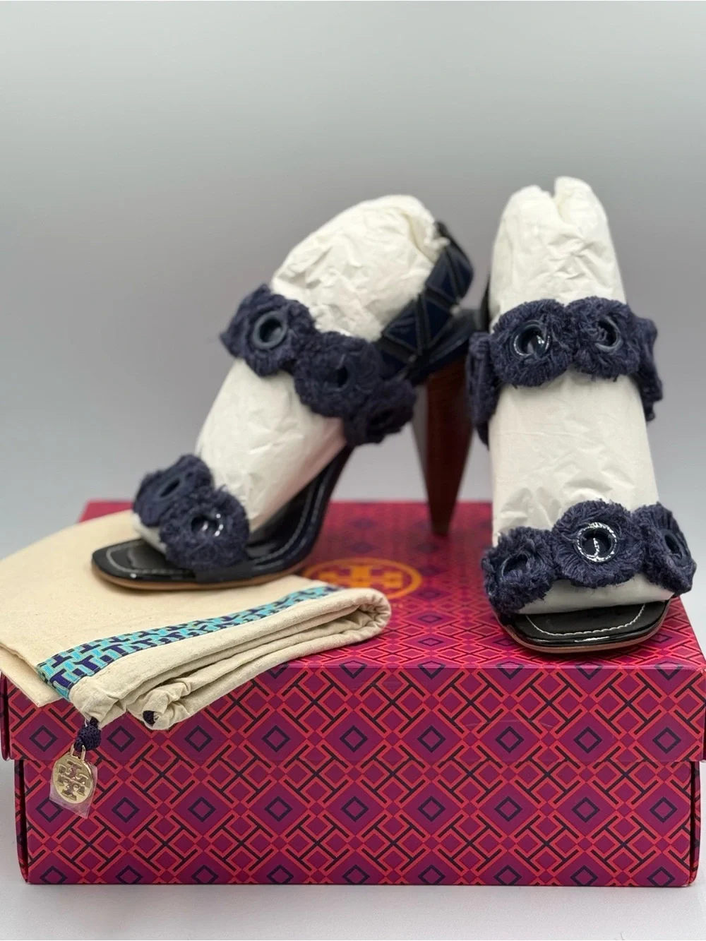 Tory Burch Navy Floral-Appliqué Wedge Sandals